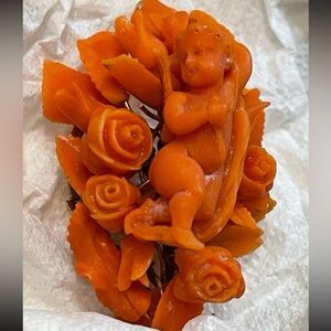 Vintage Brooch Carved Angel Skin Coral ,Angel in bed of Roses on Gold Pendant